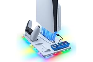 ‎TOLESUM Tolesum Vertikale Standfuß mit Kühlung für PS5/Pro/Slim, Dual Controller Ladestation Ständer mit 3 Stufen Lüfter/RGB Licht für Playstation 5 UHD& Digital /PS5 Slim Disc & Digital