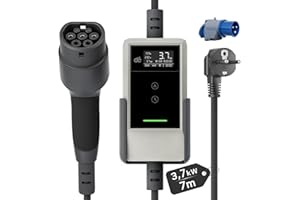 dé Chargeur Voiture Electrique 3,7kW [7m, 6/8/10/13/16A] Cable Recharge Voiture Electrique Type 2 avec Support Mural, Numérique LCD, Compatible avec E-208, Model Y, 500e et Autres EV/PHEV, Blanc