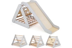 RELAX4LIFE 4 in 1 Triangolo da Arrampicata con Scivolo per Bambini, Scala per Arrampicarsi in Legno, Triangolo Montessori, Parco Divertimenti per Bimbi 1+ Anni (Grigio)
