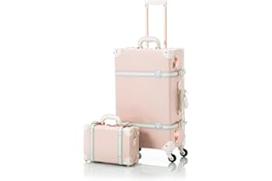 COTRUNKAGE Travel Luggage Sets 2 Pieces, Vintage 4 Wheel Suitcase with Mini Vanity Case, Cherry Pink, TSA-Approved, Cabin-12Inch/Medium-24Inch