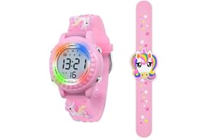 HMJIA Montre Enfant Garcon, Montre Enfant Fille pour 3-12 Ans, Montre Enfant étanche 3ATM avec Alarme/Date/Chronomètre/LED (Licorne Rose)