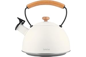 briebe Nordic Bouilloire Induction Sifflante 2,3L, Acier Inoxydable, Tout Feux: Plaque Vitrocéramique, Gaz, Électrique, Poignée en Bois Cool Touch, Pour Thé, Café, Tea Pot, Blanc