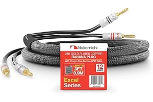 Nakamichi Excel Series Connettore Banana Placcato in Oro 24k con Cavo degli Altoparlanti in Rame Senza Ossigeno al 99.9% (OFC) Intrecciato Robusto (Nero (12 AWG), 3 Piedi (0,9 Metri))