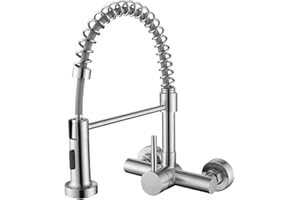 Tondiy Robinet de Cuisine Mural avec Bec Flexible, Mitigeur Evier avec 2 Types de Jet, Robinetterie eau Chaude et Froide Rotatif à 360°, Acier Inoxydable SUS304, Mousseur Démontable, Brossé