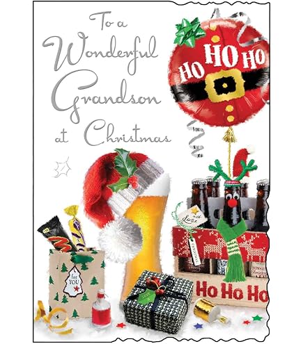 Weihnachtskarte "To A Special Grandson" Mit Bierflasche Design - 135x230 Mm, Goldgeprägt
