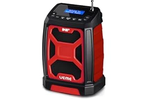 UEME Baustellenradio Mit Akku Aufladbar (6000mAh), Tragbares DAB+/FM Radio, Bluetooth Lautsprecher & Dual Radiowecker,Starkem Empfang, Staubbeständig/Stoßfest für Baustelle/Camping/Garten (Rot)