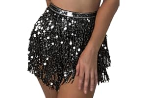 Flovel Women’s Belly Dance Skirt Sparkly Sequin Skirts Fringe Hip Scarf Skirt Party Hip Wrap Skirts Rave Costume