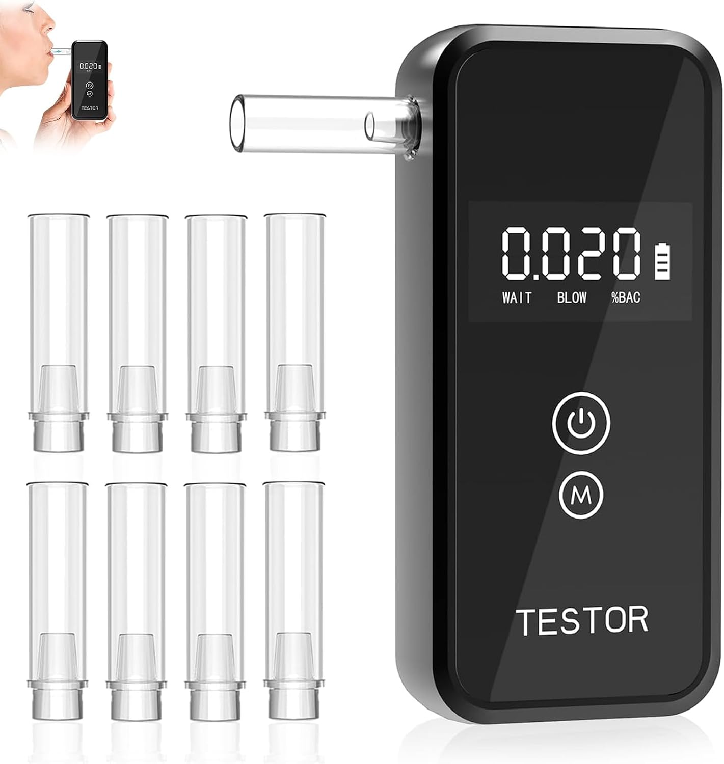 Alcoholimetro, Alcoholimetro Homologado Digital con Pantalla LCD Azul, Detector Profesional del Nivel de Alcohol con Gran precisión para uso personal y profesional, 8 boquillas Reutilizables【Negro】