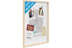 PHOTOLINI 3D Marco de fotos 50x70 cm para rellenar, natural, marco con profundidad para objetos de hasta 1,5 cm, madera MDF con paspartú y cristal - para manualidades y como regalo