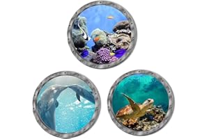 SIMMPU Porthole Stickers 3 Pcs Ocean World Wall Art Bathroom Sea Stickers Porthole Window Sticker 3D Under The Sea Nature Scenery Wall Decals