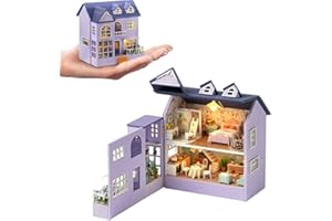 ELPHNUTSEY Puppenhaus DIY Miniatur-Holzmöbel-Set, Mini-Puppenhaus mit LED, Maßstab 1:24, kreatives Holzhandwerk, Spielzeug für Erwachsene, Freunde, Liebhaber, Geburtstagsgeschenk (Happy House)