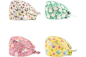 SIMYJOY 4 Pièces Casquettes Bouffantes avec Boutons Bandeau Réglable Casquettes de Travail Turban en Coton Bonnet Imprimées Chapeaux Unisexes