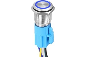 DMiotech 19mm / 3/4" Push Button Switch, IP65 1NO1NC 12-24V 5A Momentary Latching Push Button Starter Light Switch Self-reset with Blue Light Round, Stainless Steel Flat Head Silver