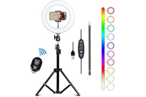 Kalawen Ring Light with Tripod 10 Inch / 25 cm Selfie Ring Light Set with 11 Lighting Modes LED Ring Light with 2 Mobile Phone Holders Remote Control and Bluetooth for Makeup, Selfie, Video, Vlog