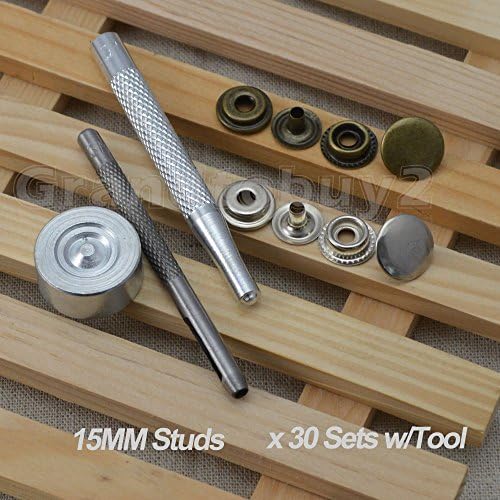 Pack 30 Completed Sets 15mm Silver &amp; Antique Brass Snap Fasteners Poppers Sewing Clothing Jacket Jean Bag Shoes Buttons Studs Kit with Fixing Tool For Clothing and Accessories for Adding Secure Closure to Jackets, Jeans, Bags, Straps and Other Sewing Projects Clothes Repair