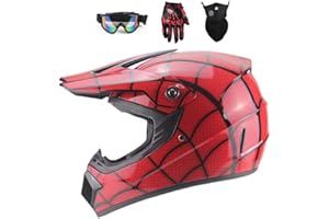 MRDEAR Rouge/ Toile d'araignée - Casque Moto Cross Enfant, Casque Motocross avec Lunettes Gants Masque, Casque VTT Integral Casque Hors Route Set BMX Enduro Velo Quad ATV Scooter (XL)