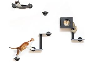 FUKUMARU Étagères Murales pour Chat, Set de 5 Meubles Muraux, Grimpeur en Bois Stable avec Hamac, Maison, Marches et Poteau à Griffer, Noir