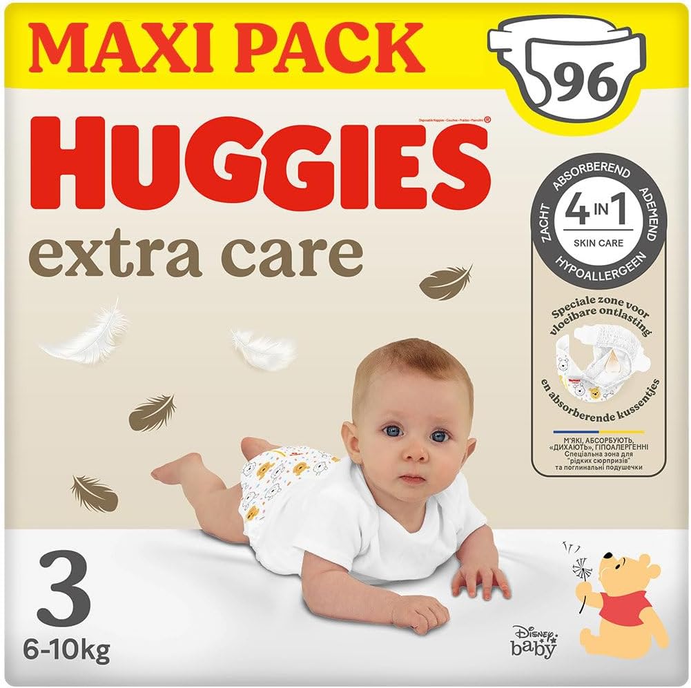 Huggies Extra Care - Couches bébé Taille 3 (6-10kg) - Pack de 96 couches - hypoallergénique et testé dermatologiquement - avec des motifs Disney