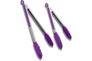 ANIMALUJOS BONDIBUY Pinza de Cocina, Pinzas de Cocina de Acero Inoxidable y Silicona, Grado Alimenticio, para Barbacoa y Cocina, Pinzas de cocina con puntas de silicona (23 cm, Purpura)