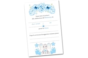 PRINTSERVIS Bigliettini Inviti Prima Battesimo bimbo/bimba 20 pezzi, Grafica a Scelta, facili da compilare con Nome e Data Stampati su cartoncino 300g/m 95x150mm. (Elefante Celeste)