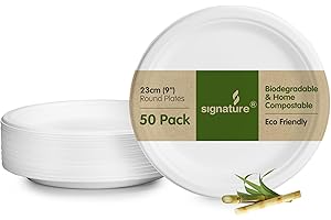 Signature Packaging - Paper Plates 50 Pack - Party Plates - Biodegradable Disposable - Sturdy & Round 24cm
