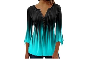 SUSENSTONE Chemisier Femme Chic et Élégant Manches 3/4 Tshirt Imprimé Plissé Henley Tshirt Col V Blouse Mousseline de Soie Boheme Haut Manche Courte Tunique Été Plage Travail Tunique Top