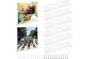 CAEEKER 6 Pack 12 Inch Acrylic Vinyl Record Shelf Wall Mount Rack Acrylic Album Record Holder Clear Floating Shelves Display Collection Picture Ledge Shelf for LP Storage (30.5 L x 4.4 W x 4.3 H cm)