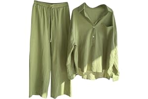 HAOLEI Two Piece Linen Outfit Women UK Sale Plus Size 22,Ladies Linen Co Ord Set Summer Long Sleeve Button Shirts Wide Leg Trousers Lounge Wear Beach Suit Tracksuits for Going Out Holiday Clearance