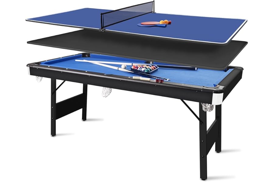 6FT Foldable 3-in-1 Multi-Functional Game Table - Pool Table/Ping Pong Table/Dining Table Combo with Full Billiard Accessories for Adults & Kids