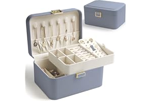 KAMIER Jewelry Box for Women, 2-Layer Jewelry Organizer with Luxury PU Leather & Soft Velvet Lining, Ideal for Earrings, Bracelets, Rings, and Necklaces, Gift-Ready Packaging, Bluish Grey