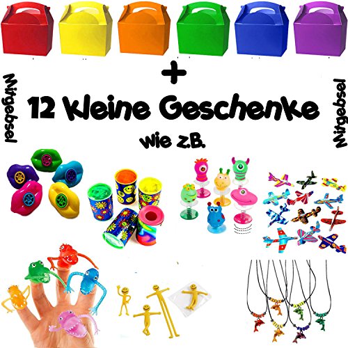 German Trendseller® - 6er Set Gast Geschenke Boxen mit Henkel ┃ inkl. 12 kleine Geschenke ┃ Kindergeburtstag ┃ Mitgebsel ┃ Gastgeschenk ┃ 6 x Überraschungsboxen inkl. 12 x Mitgebsel