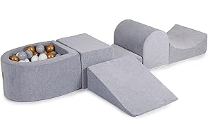 MEOWBABY 200x45cm/100 Balles Aire De Jeux avec Piscine a Balles L'ensemble De Jeu en Mousse 5 Éléments Module en Mousse Fabriqué en UE Tapis De Jeu Gris Clair: Blanc/Gris/Or