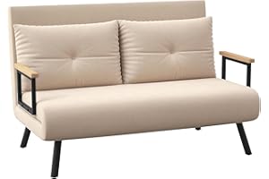 HOMCOM 2 Seater Sofa Bed, Click Clack Convertible Bed Settee, Modern Velvet Feel Fabric Sofa Couch with 2 Tufted Cushions, Wood Armrests for Living Room, Bedroom, Guest Room, Beige