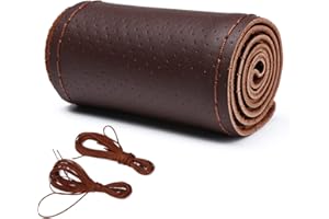 FM2018XSL Universal car wheel cover in cowhide leather sewing, protective cover for steering wheel 37-38 cm with needle and thread, elegant and breathable.Coffee colored coffee line