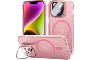 Tigratigro Case with Kickstand, Compatible Mag-Safe with iPhone 14, H9 Tempered Glass Camera Protection, Frosted Translucent Back Cover, Anti-Fingerprint, Velvet Touch(Sakura Pink)