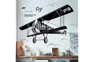 WandSticker4U®- Pegatinas de pared niños AVIÓN NEGRO (130 x 93 cm) I retro cielo nubes volar learn to fly I adhesivos pared decorativos habitación infantiles niños niña dormitorios