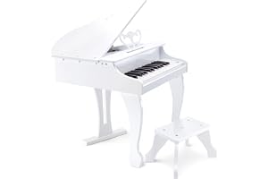 Hape Deluxe White Grand Piano, Thirty-Key Piano Toy with Stool, Electronic Keyboard Musical Toy Set for Kids 3 Years+