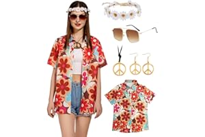 KASAHARA Hippie Oberteile Damen Hawaii Outfit Bluse Kostüm Set Flower Power 80er Hemd Frauen 90er Jahre Vintage Shirt 70er Bekleidung Lässig Retro Tops Karneval Faschingskostüm