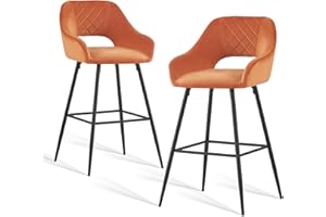 JaHECOME Bar Stools Set of 2 Orange Velvet Padded with Footrest Armrest Kitchen High Stools Supported Black Metal Legs for Breakfast Bar, Counter, Kitchen and Home