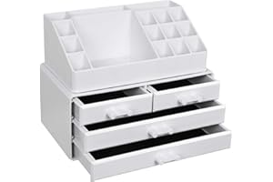 SONGMICS Make-up, Kosmetik-Organizer mit 4 Schubladen und 16 Fächern in unterschiedlichen Größen, rutschfeste Einlagen, für Schminke und Schmuck, weiß JKA0010TP, Kunststoff, 24 x 18,5 x 13,5 cm