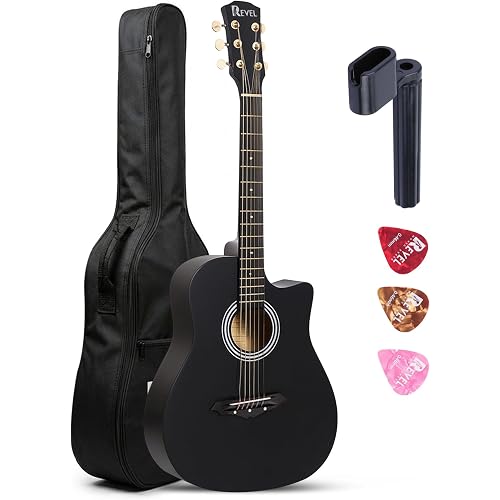 Revel 38 Inches Lindenwood Cutaway Design Acoustic Guitar With Carry Bag And Plectrums. (Black)
