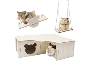 BAIYUANLI Hamster Spielzeug, 3 Stück Holz Hamster Zubehör Haus Wippe Schaukel, Naturholz Zwerghamster Spielzeug, DIY Hamster Spielzeug für Goldhamster Rennmaus Meerschweinchen Chinchilla Ratten Nagetiere