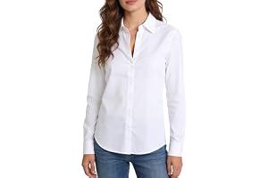BSBUY Långärmade blusar för kvinnor, damblusar, button-down-t-shirts, basblus, toppar, stretch, formell vit, långärmad topp