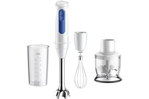 Braun MultiQuick 3 MQ30.202M Nuovo Modello Minipimer, Frullatore ad Immersione, 2 velocità, Tecnologia Tedesca, impugnatura ergonomica, Asta in acciaio, Bicchiere, Frusta e Tritatutto 350ml, Bianco
