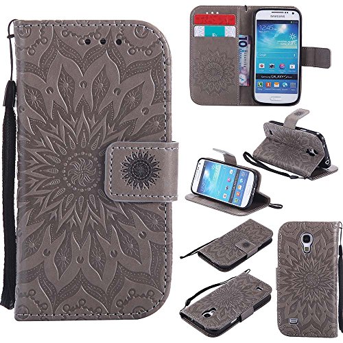 Galaxy S4 Mini Hülle, Dfly Premium Slim PU Leder Mandala Blume prägung Muster Flip Hülle Bookstyle Stand Slot Schutzhülle Tasche Wallet Case für Samsung Galaxy S4 Mini i9190, Grau