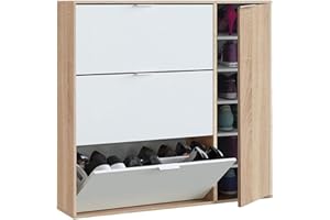 SALONE NEGOZIO ONLINE Mobile scarpiera 115Hx106Lx22P Cm 3 ante a ribalta e 1 anta con 5 ripiani interni colore rovere e bianco capacità 30 paia