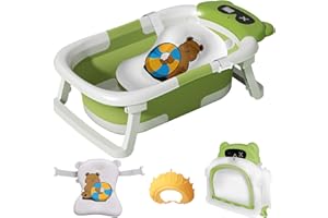 TOPCHANCES Baby Badewanne, Faltbare Babybadewanne, Faltbare Badewanne Baby mit Thermometer & Schwimmkissen für Säuglinge und Kleinkinder von 0-24 Monatenr(Grün Bär)