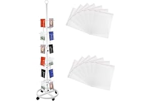 DIEGIMR Greeting Card Rack Display Stand, with 6 Inch Bags 6 Tier 24 Pockets Postcard Display Rack Metal Spinning Floor Display Stand with Caster White Rotating Postcard Holder for CD DVD Stickers
