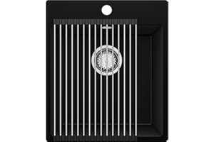 PRIMAGRAN Evier Cuisine en Granit Noir 43x50cm, Lavabo 1 bac + Kit de Vidage + Égouttoir Enroulable, Évier à Encastrer al mueble 45cm - Riga S193