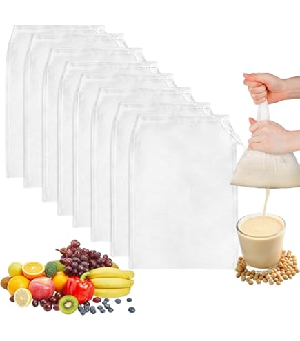 10 sacchetti per latte di noci 20x30cm, nylon 100 maglie, riutilizzabili e lavabili, per filtrare yogurt e albume, garza alimentare, garza alimentare per filtrare
